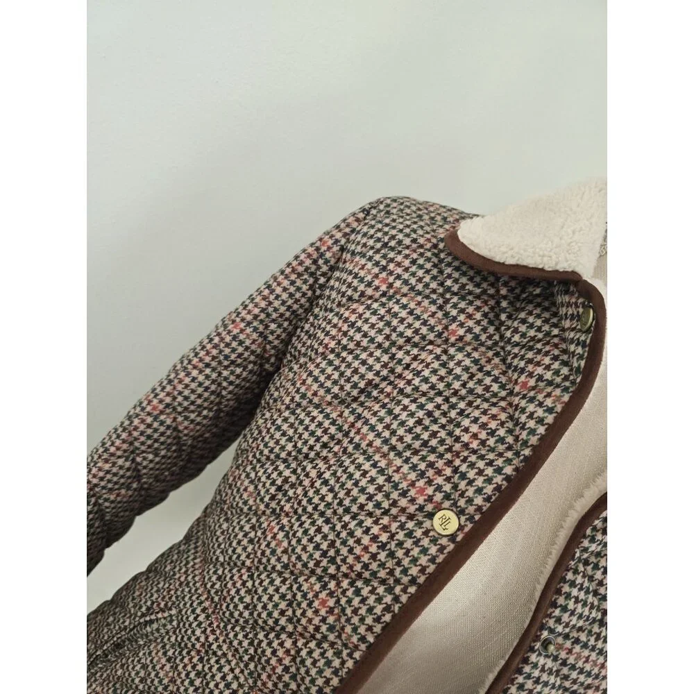 Lauren Ralph Lauren Houndstooth Quilted Jacket S Brown Green Faux Sherpa Collar - Picture 13 of 14